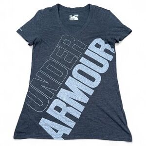 Under Armour Shirt Top Womens Size Medium Gray V Neck Heatgear Fitted Athleisure